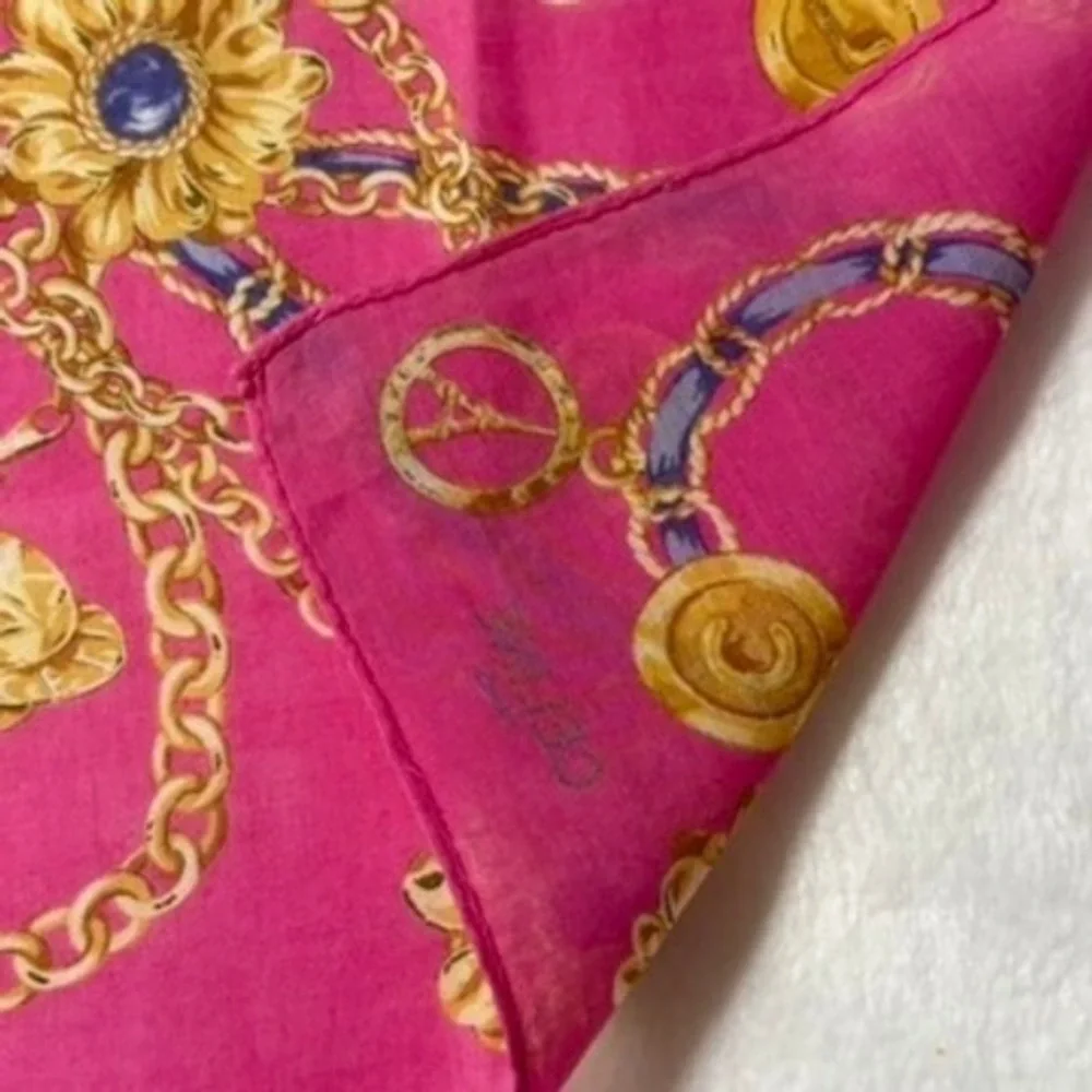 Vtg CELINE Scarf Handkerchief Chain Medallion Pink Gold Blue 18